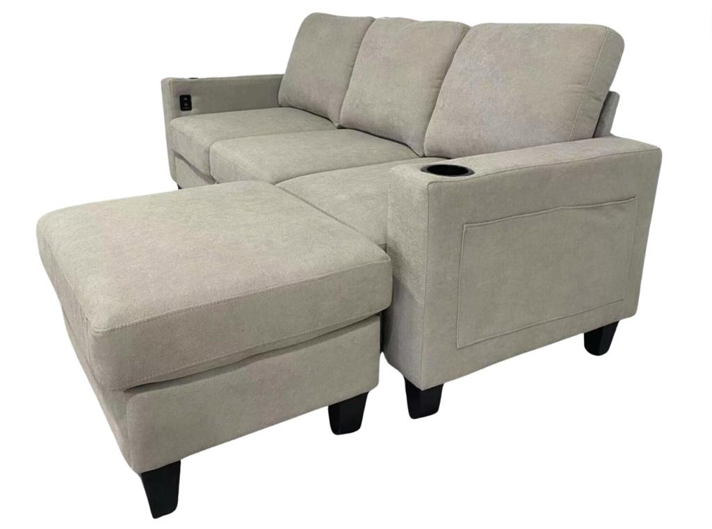 Modern Micro Fabric 3-Seater Sofa with Ottoman & USB Charging Port