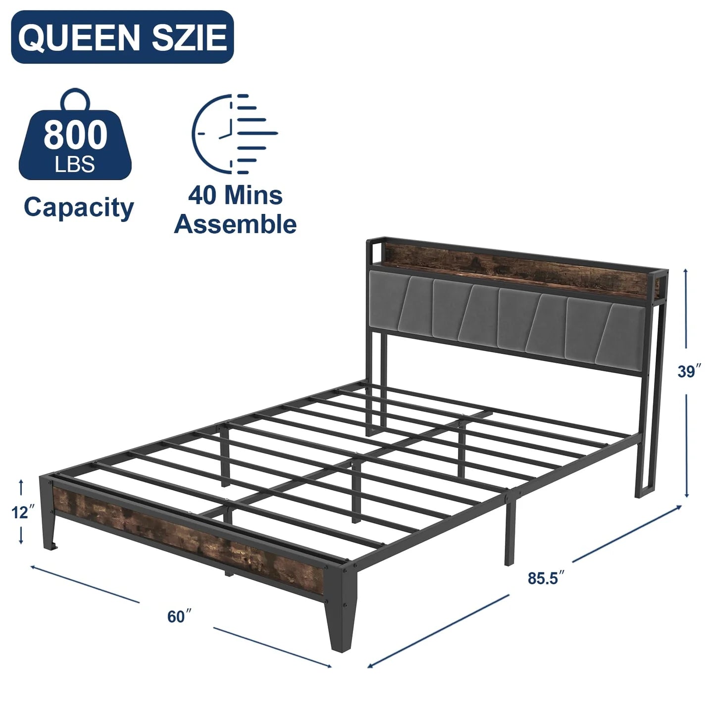 Metal Platform Bed with Storage Headboard