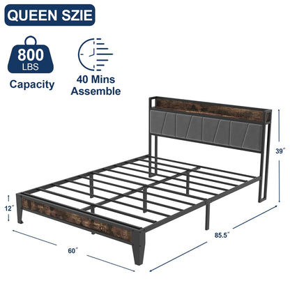 Metal Platform Bed with Storage Headboard