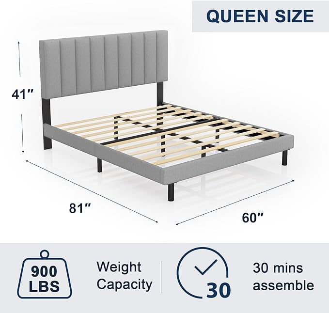 Upholstered Platform Bed Frame with Vertical Tufted Headboard