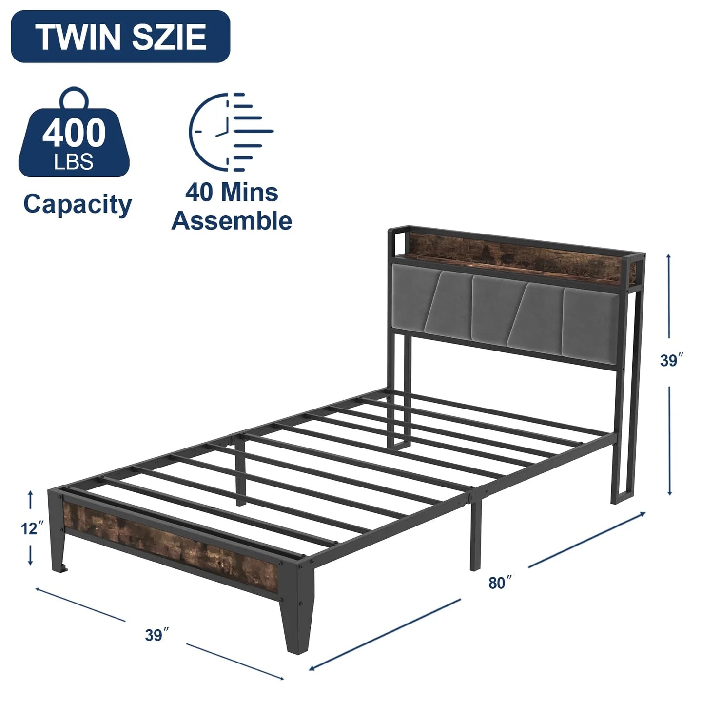 Metal Platform Bed with Storage Headboard