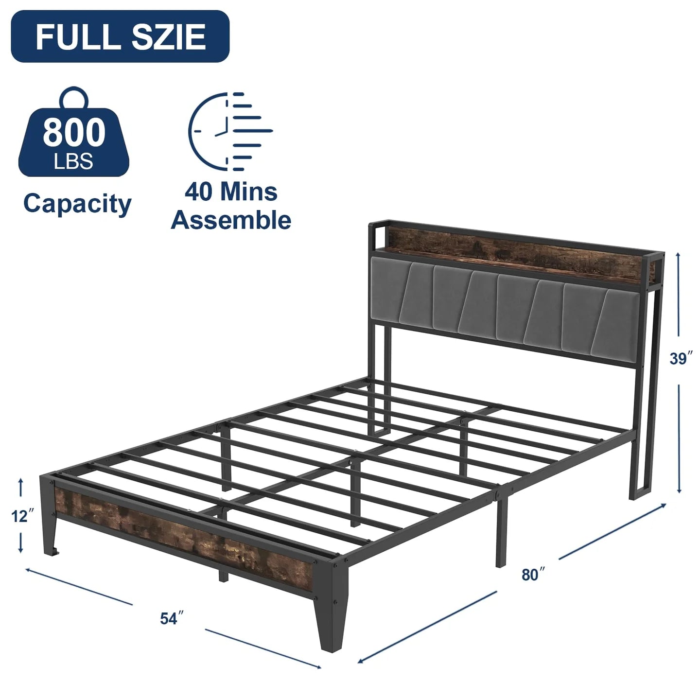 Metal Platform Bed with Storage Headboard