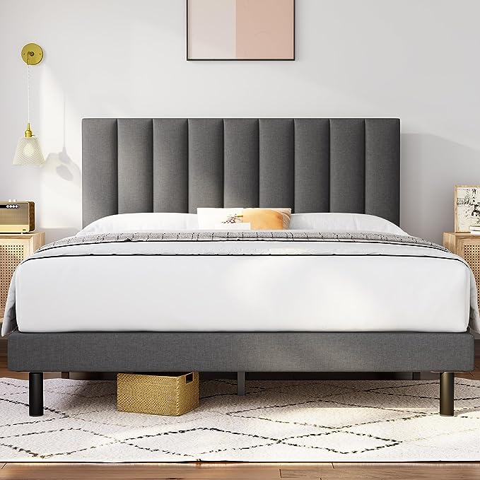 Upholstered Platform Bed Frame with Vertical Tufted Headboard