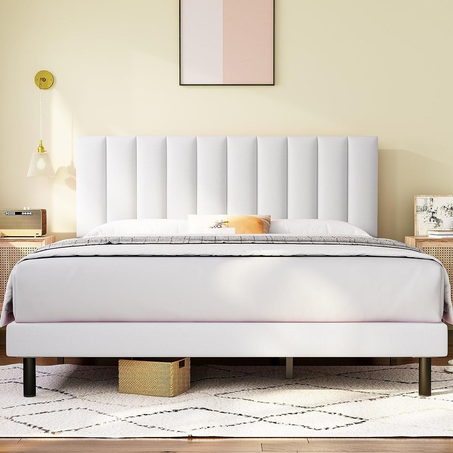 Upholstered Platform Bed Frame with Vertical Tufted Headboard