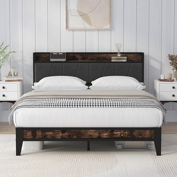 Metal Platform Bed with Storage Headboard