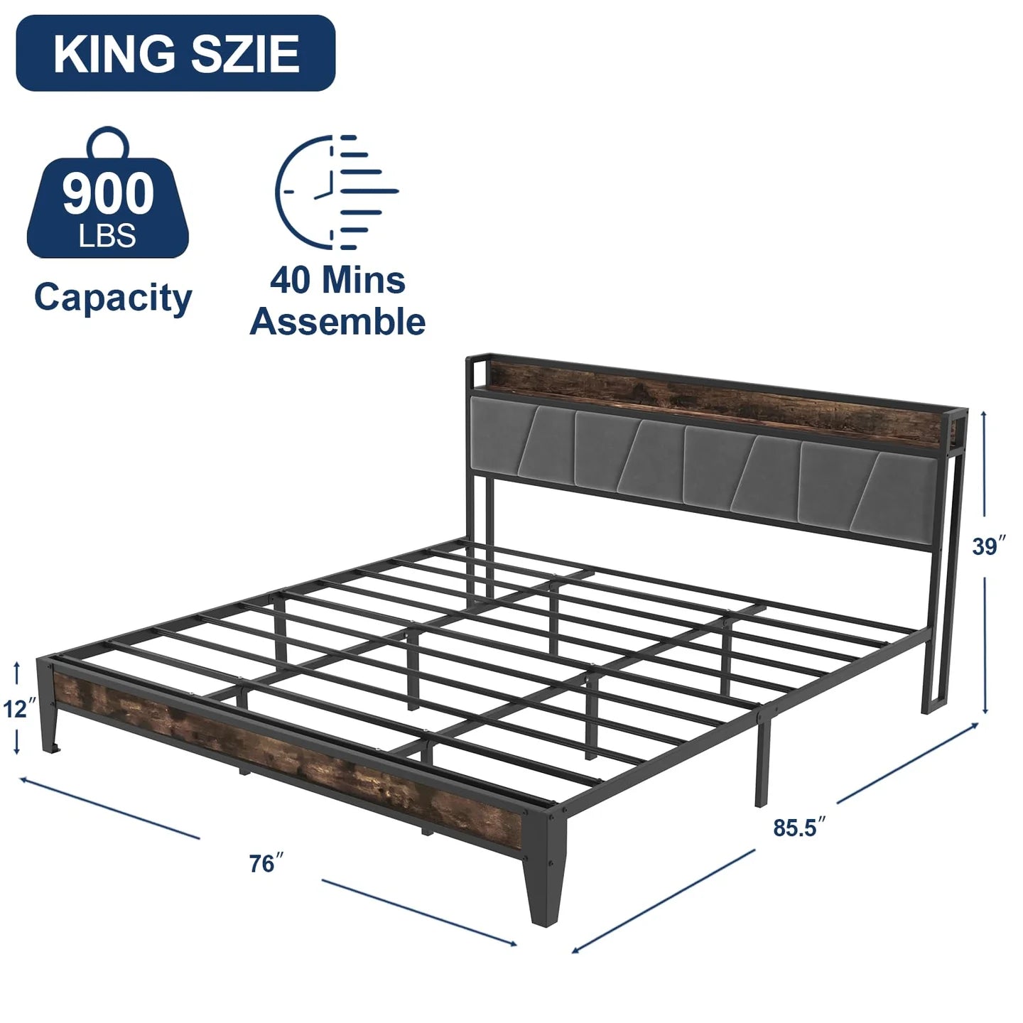 Metal Platform Bed with Storage Headboard