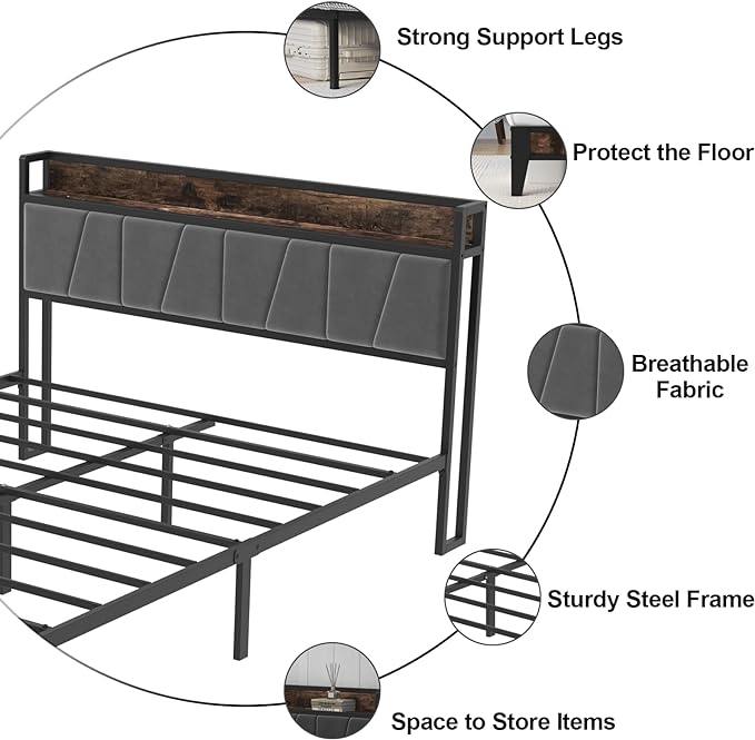 Metal Platform Bed with Storage Headboard