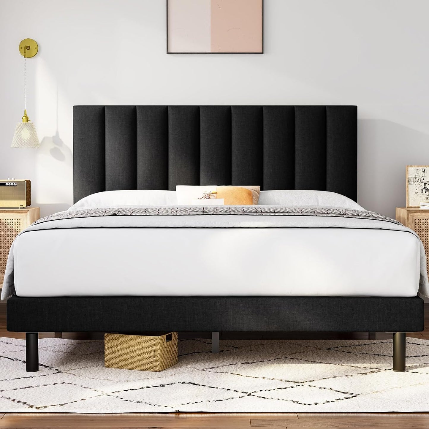 Upholstered Platform Bed Frame with Vertical Tufted Headboard