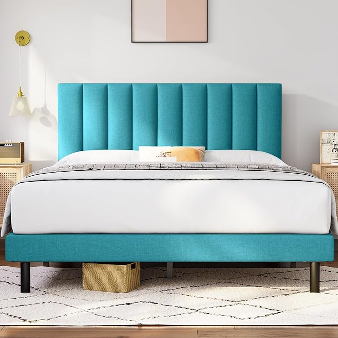 Upholstered Platform Bed Frame with Vertical Tufted Headboard