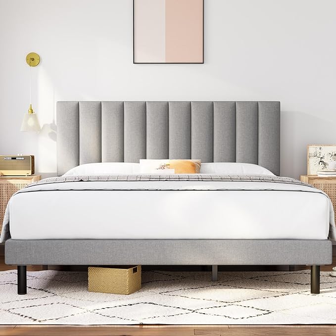 Upholstered Platform Bed Frame with Vertical Tufted Headboard