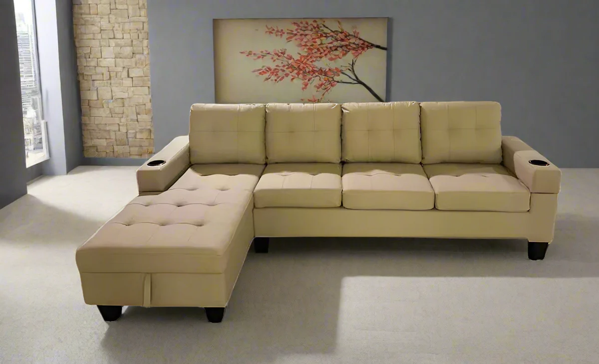 Beige PU Sectional Sofa with Cup Holder 2218
