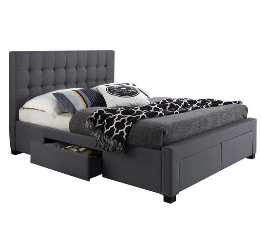 Platform Bed With Button-Tufted Fabric And 4 Drawers - Charcoal Grey