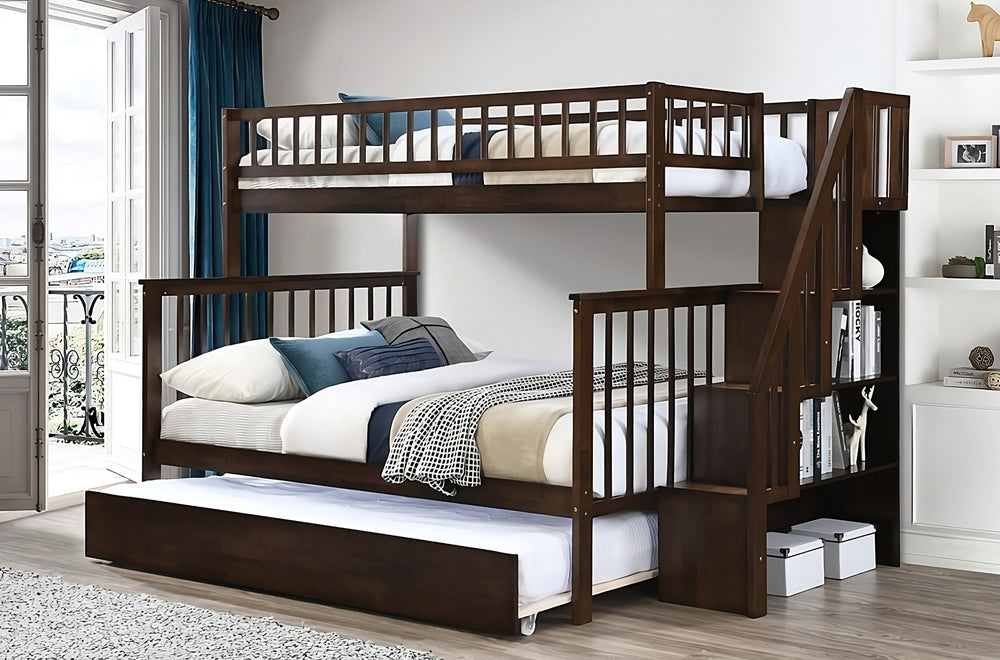 Twin Over Double Wood Bunk Bed With Trundle