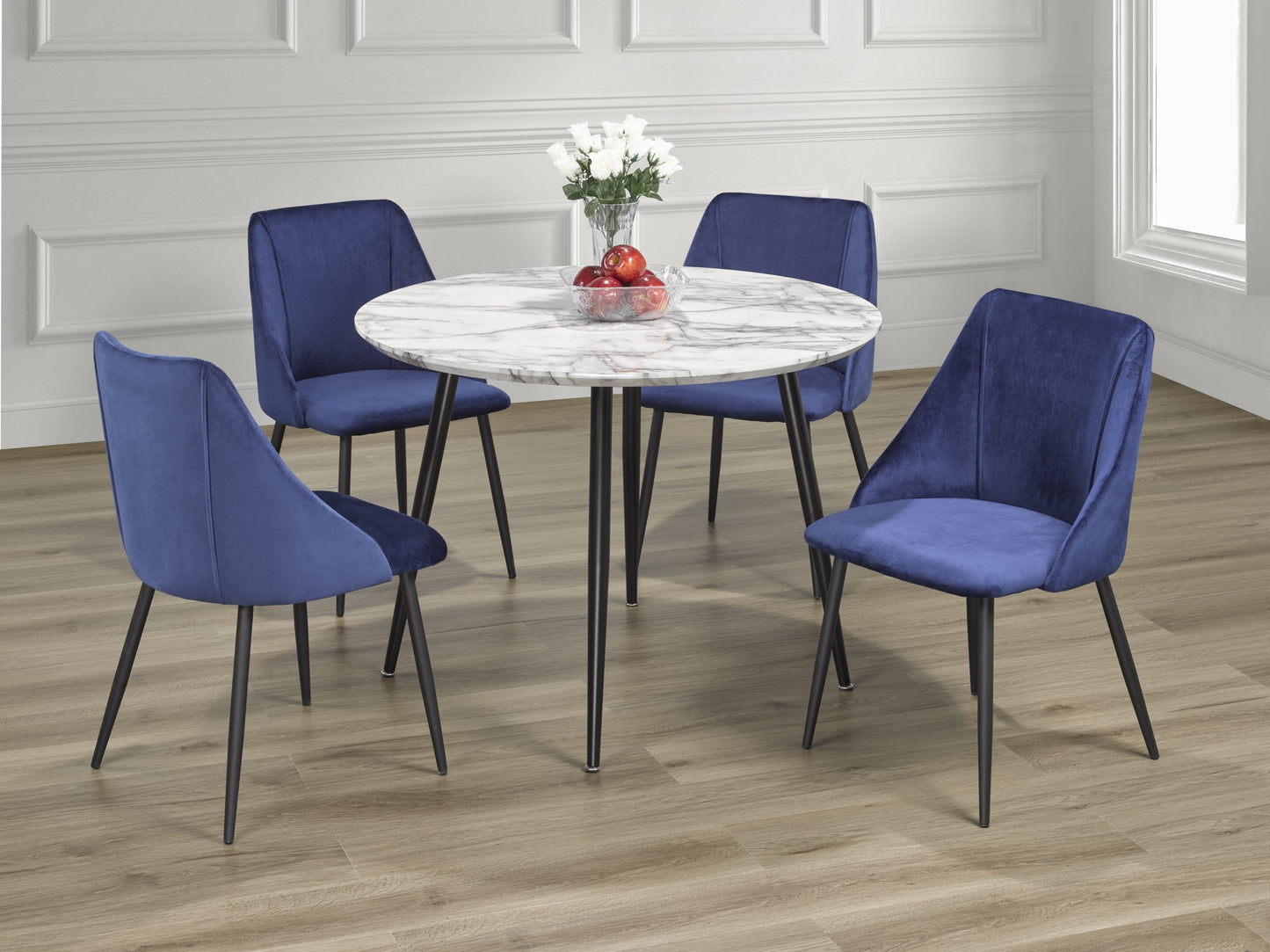 Round Marble Dining Table Set With Grey Velvet Chairs 5pc