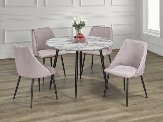 Round Marble Dining Table Set With Grey Velvet Chairs 5pc