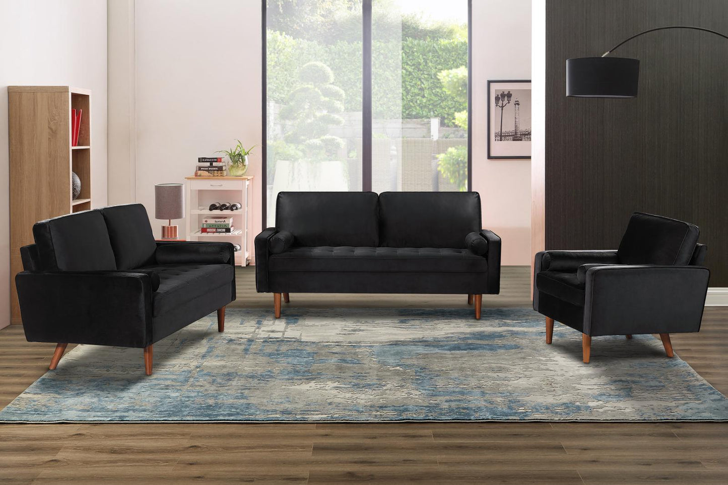 Velvet Sofa Set With Wooden Legs