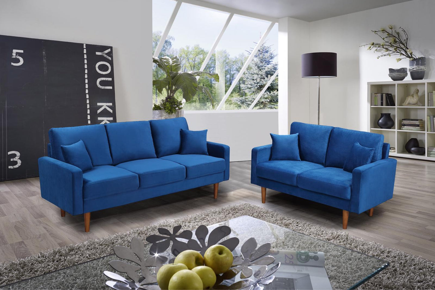 Velvet Sofa Set With Wooden Legs