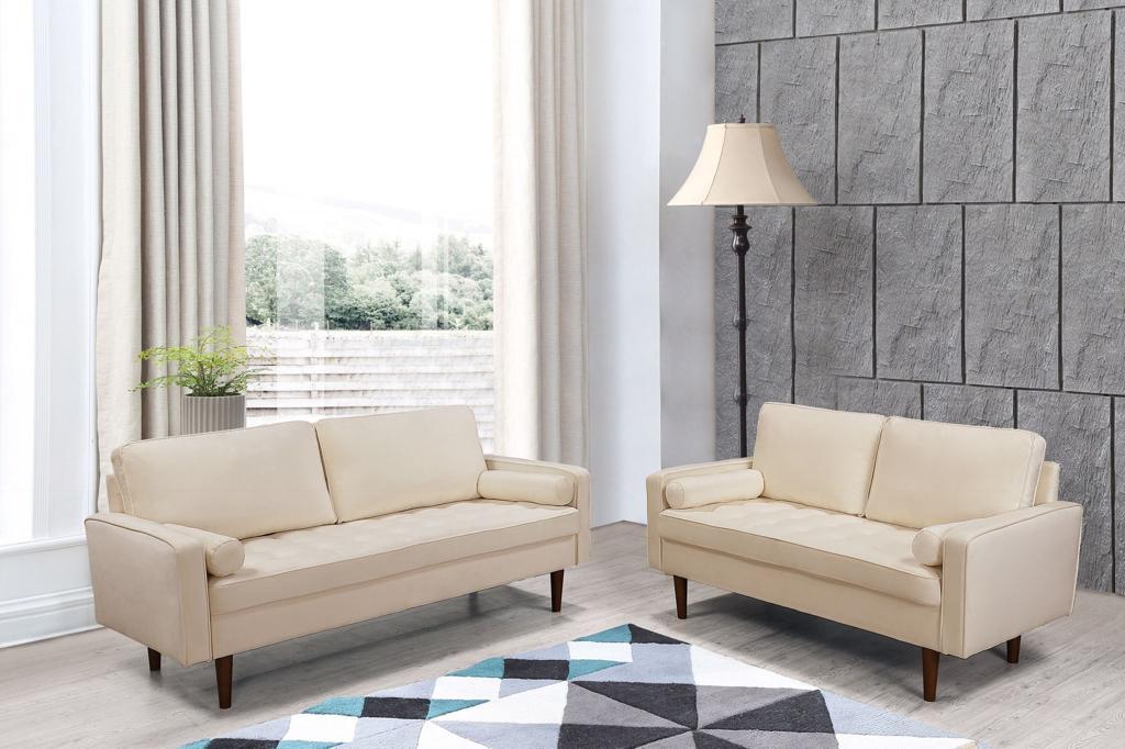 Velvet Sofa Set With Wooden Legs
