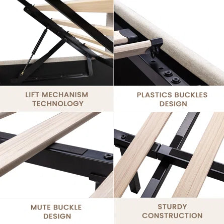 Lift up Storage Platform Bed/Horizontal Tufted Wingback Headboard/Hydraulic Storage