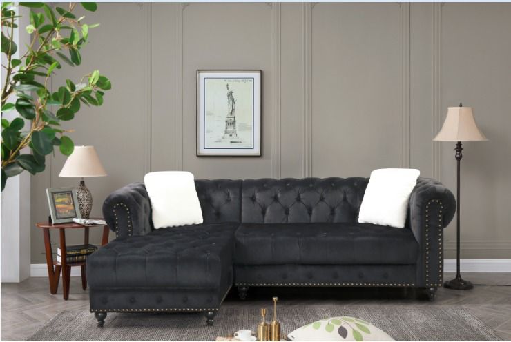 Velvet Tufted Sofa With Nailheads