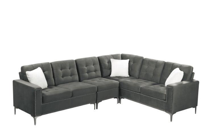 Velvet Sectional With Silver Legs & White Throw Pillows