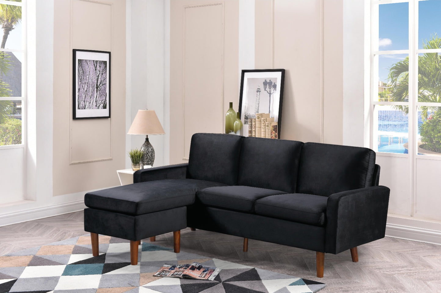 Velvet Fabric Sectional - Chaise Turns Into Floating Ottoman