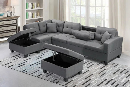 Fabric Linen Sectional With Drop Down Cupholders & Storage Ottoman