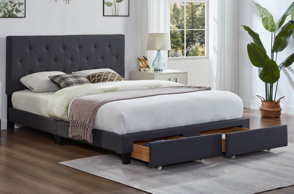 T2125 Grey Linen Platform Bed w/ Storage Drawers