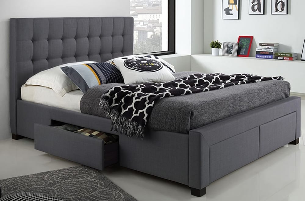 Platform Bed With Button-Tufted Fabric And 4 Drawers - Charcoal Grey