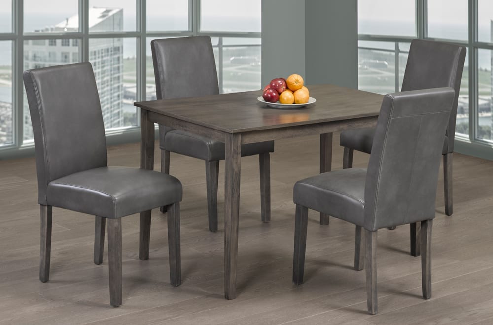 Grey Wood Parson Dining Set 5pc - grey wood table with four grey leatherette parson chairs