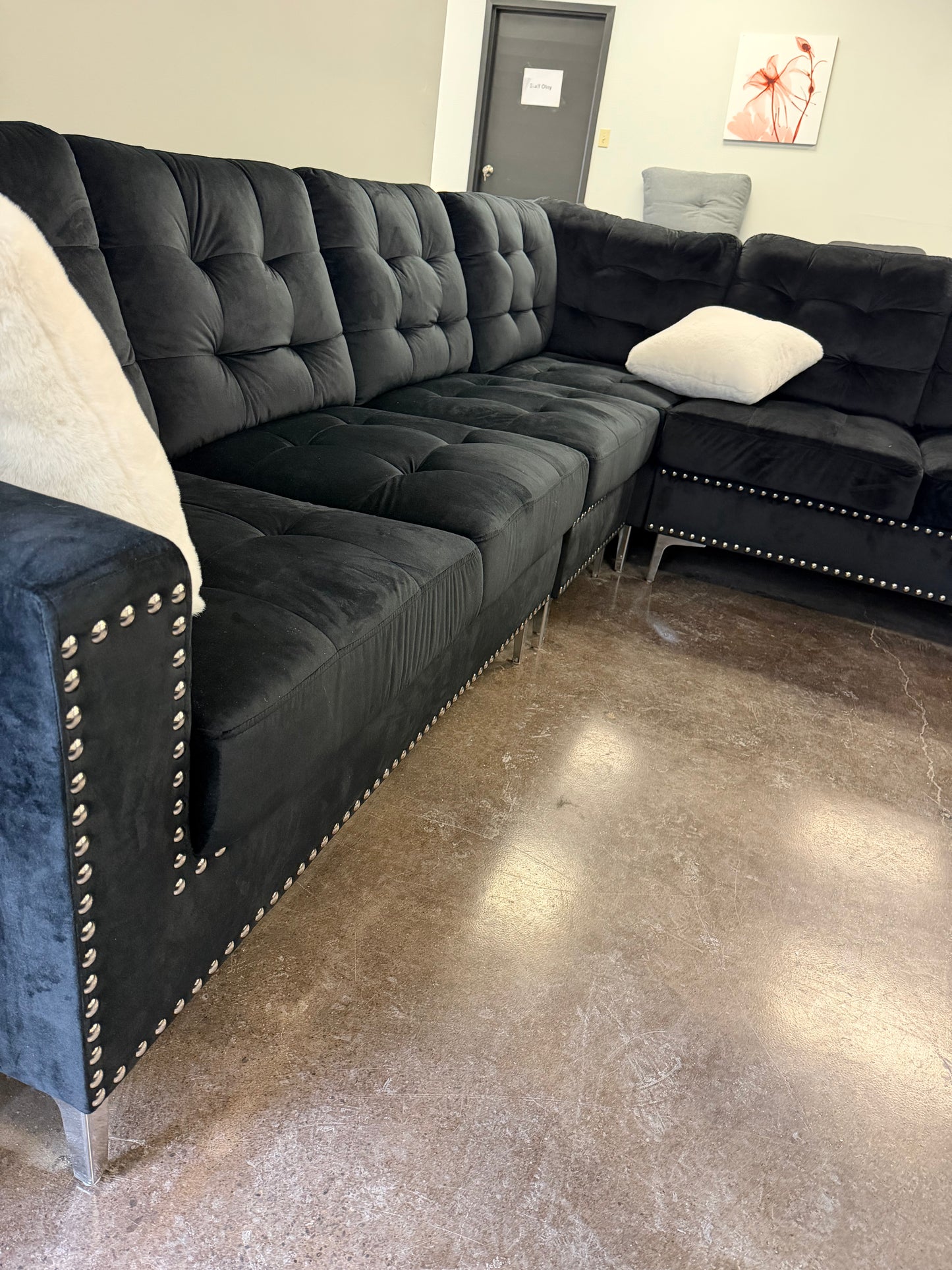 Velvet Sectional With Silver Legs & White Throw Pillows