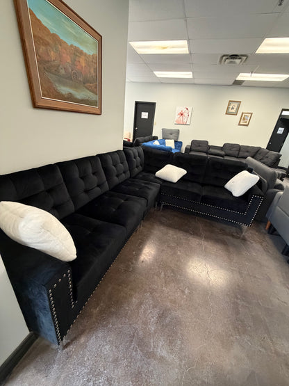 Velvet Sectional With Silver Legs & White Throw Pillows