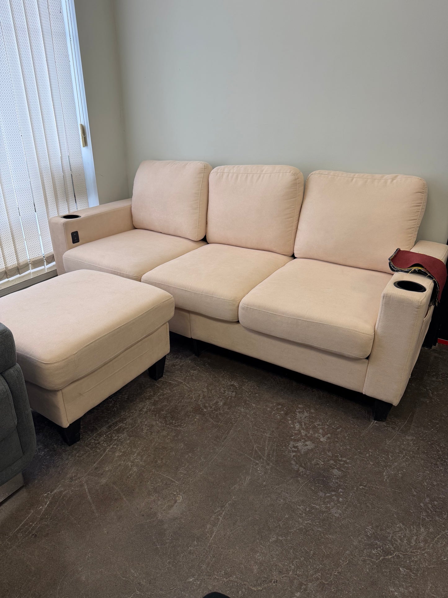 Modern Micro Fabric 3-Seater Sofa with Ottoman & USB Charging Port