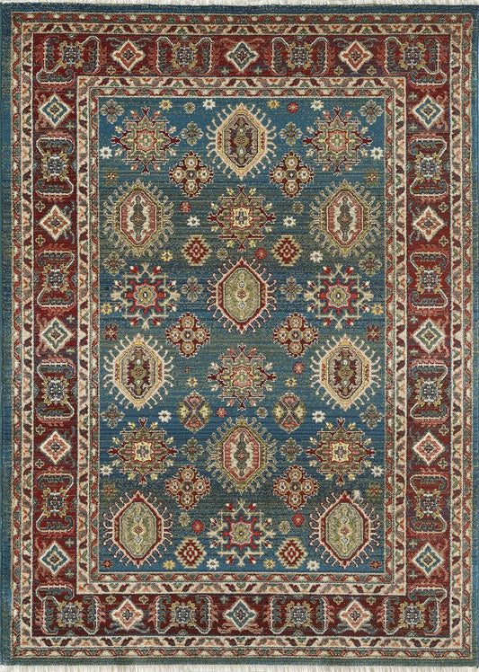 Traditional Persian-inspired area rug with blue field and burgundy ornamental border