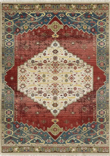 Traditional red Persian-inspired area rug with cream medallion and blue border
