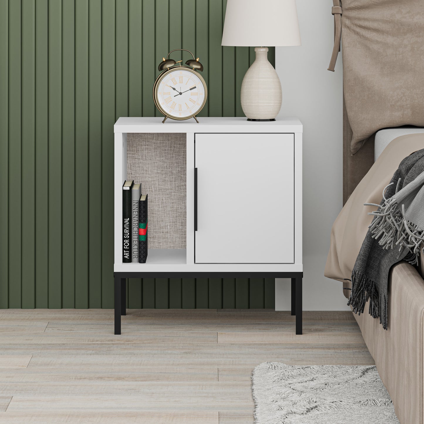 Modern White Nightstand with Black Metal Legs