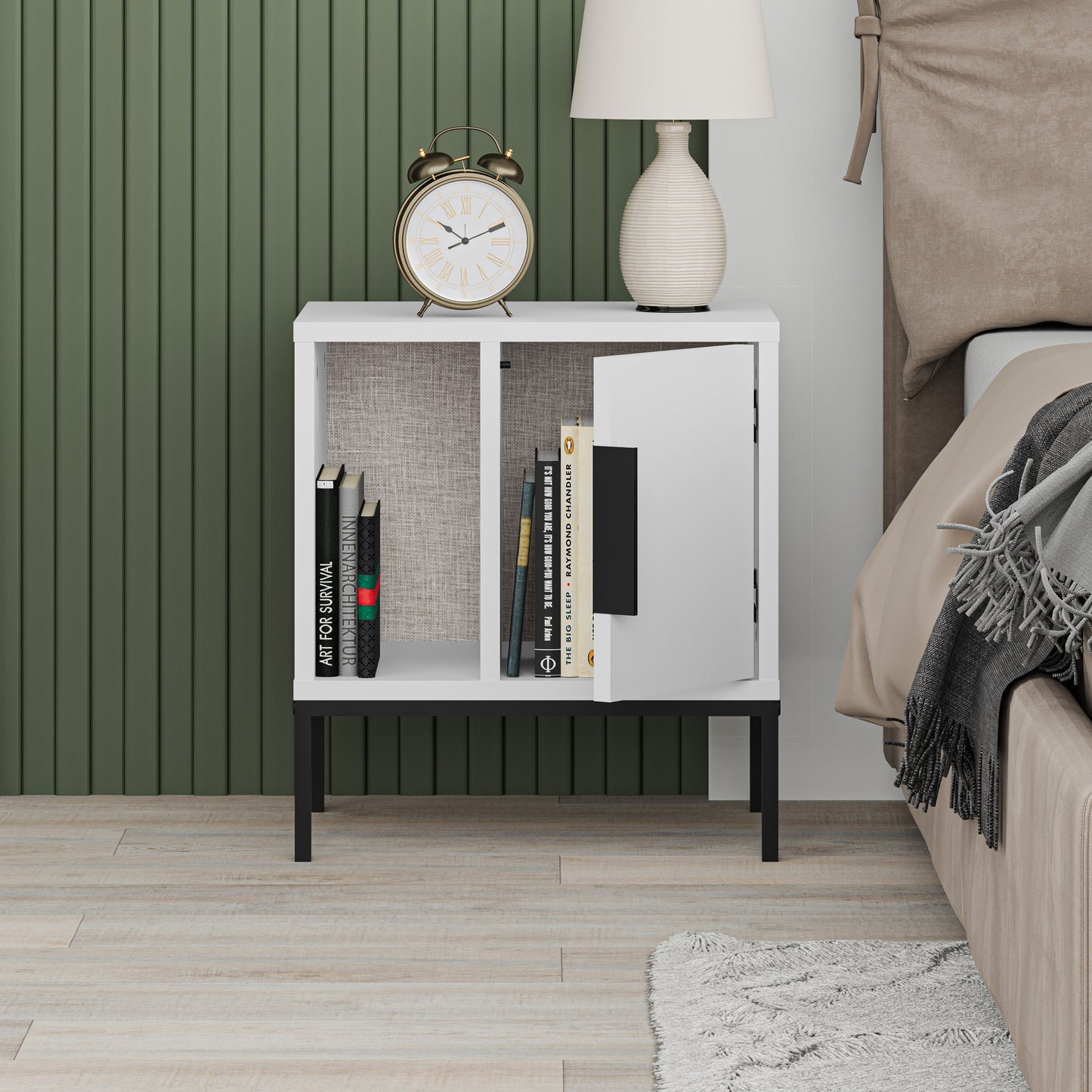 Modern White Nightstand with Black Metal Legs