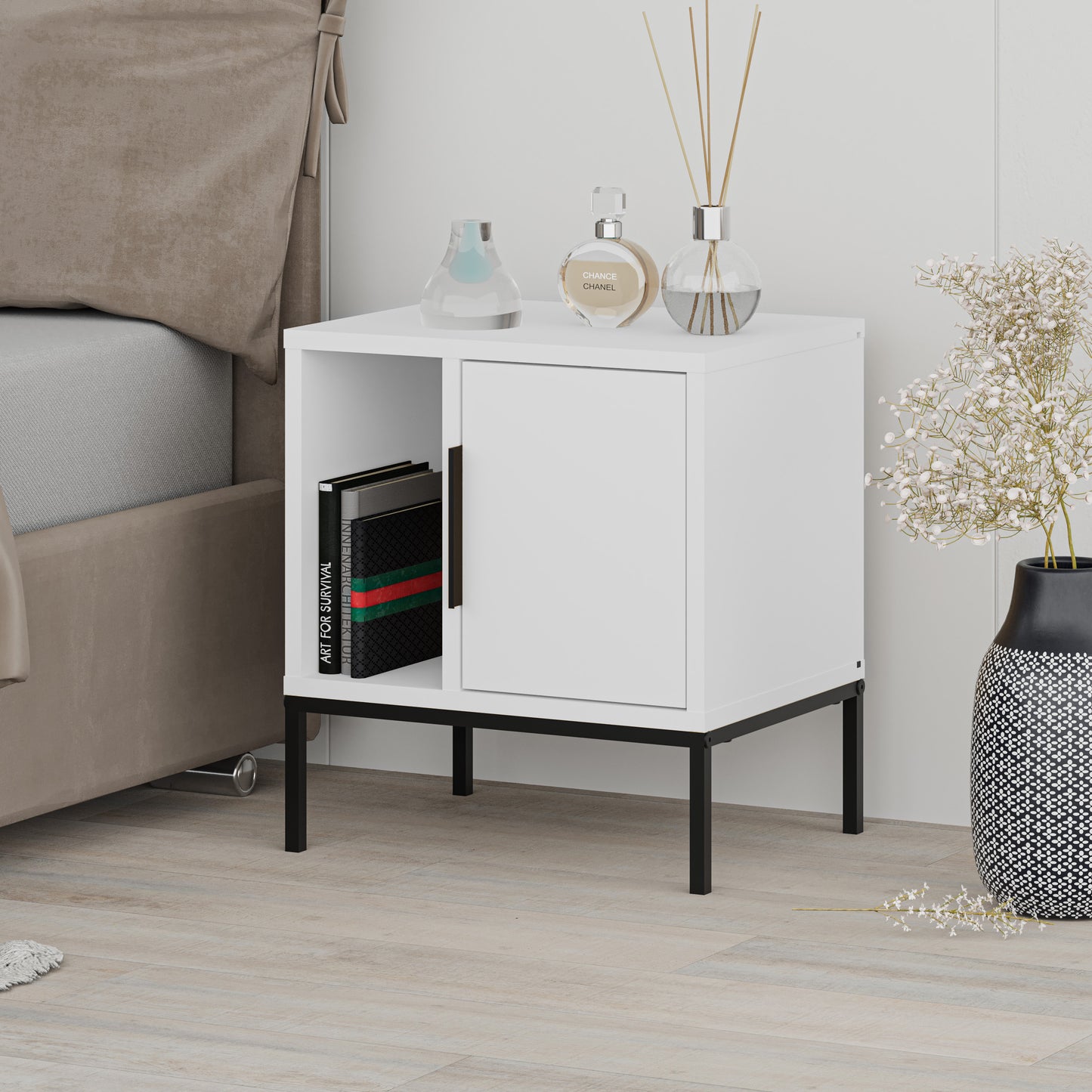 Modern White Nightstand with Black Metal Legs