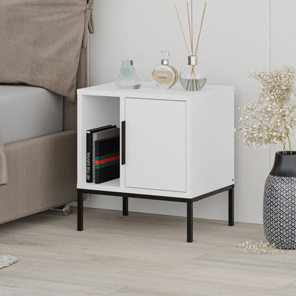 Modern White Nightstand with Black Metal Legs