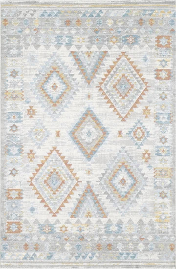 Distressed geometric Turkish area rug with blue, terracotta, grey and neutral tones