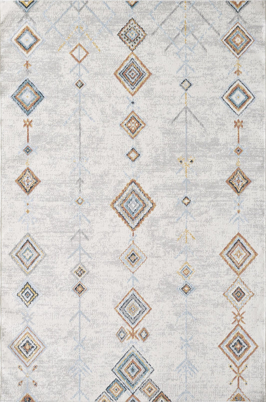 Modern geometric Turkish area rug with neutral background and multicolour diamond pattern