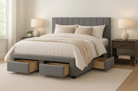 Grey Upholstered Bed with Built-In Drawers