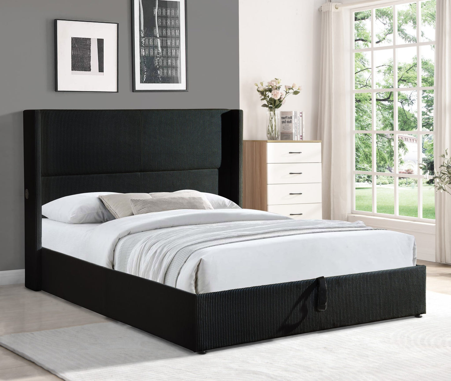 Corduroy Wingback Lift-Up Storage Bed