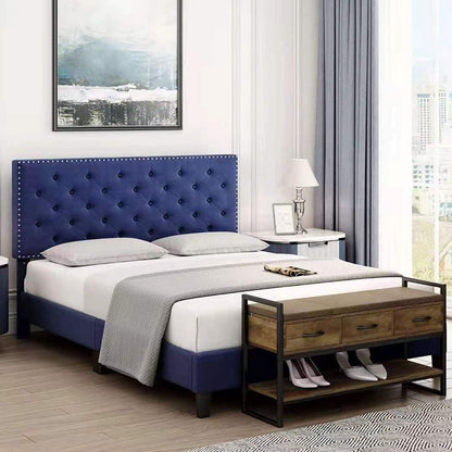 Ruby Nailhead Velvet Bed Frame - Blue