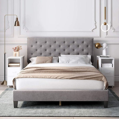 Ruby Nailhead Velvet Bed Frame - Grey