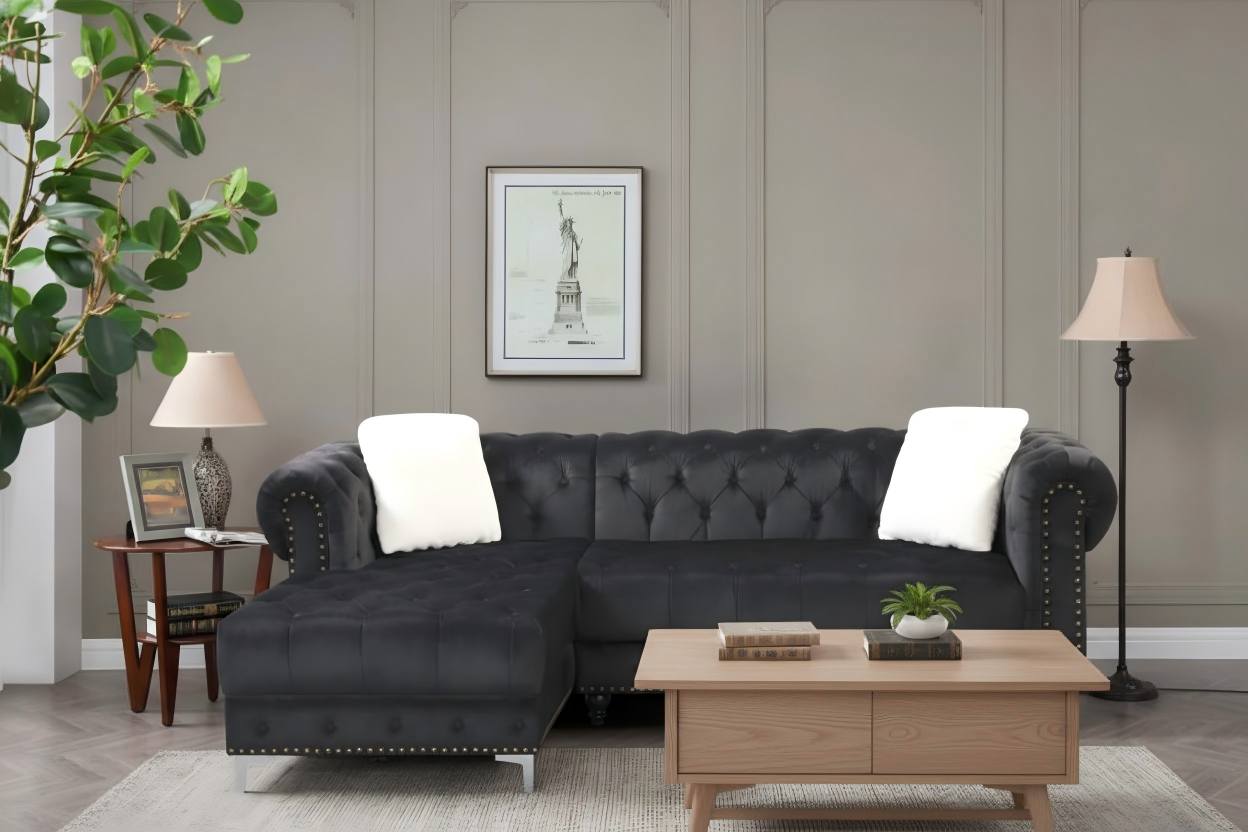 Velvet Tufted Sofa With Nailheads