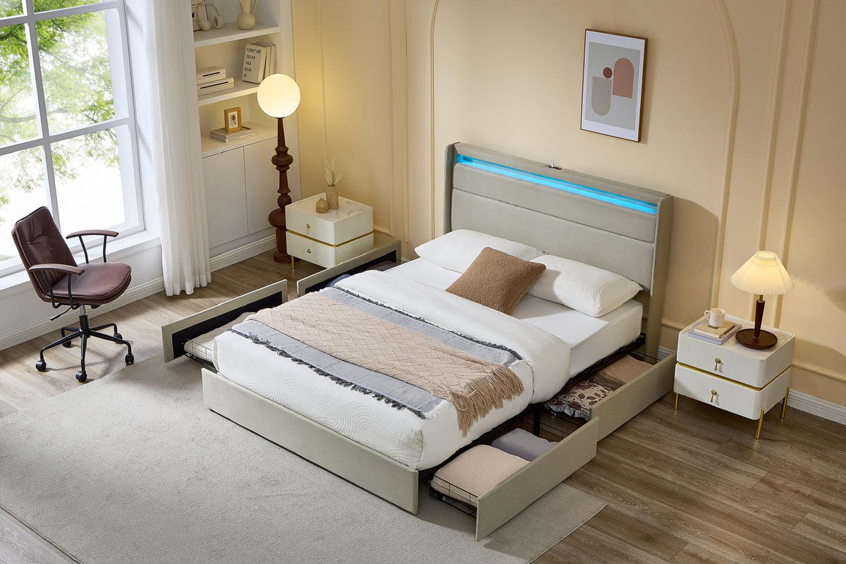 Jessy Fabric Storage Bed Frame - Beige
