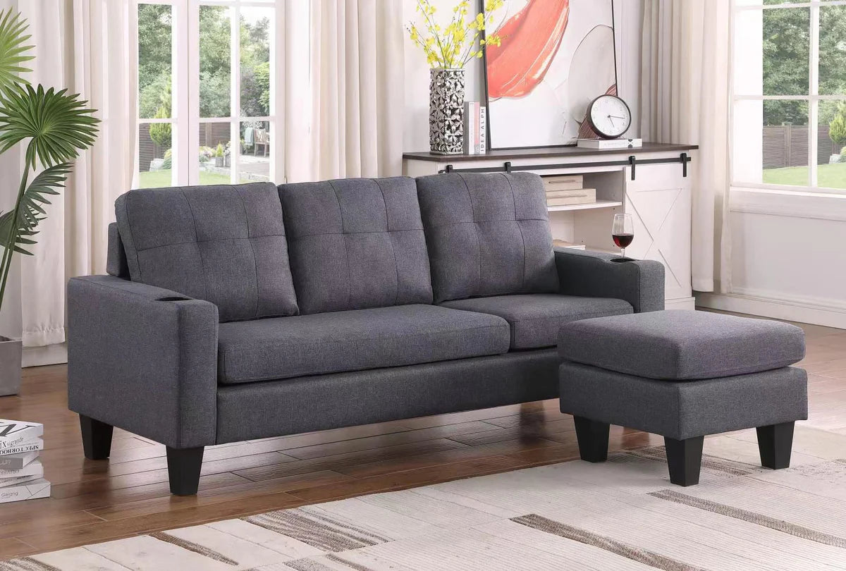 3 Seater Couch with Switchable Ottoman and Cup Holders